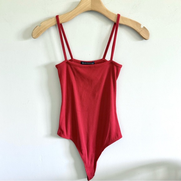 Brandy Melville Red Ribbed Square Neck Spaghetti Strap Thong Bodysuit | Small - Picture 2 of 10